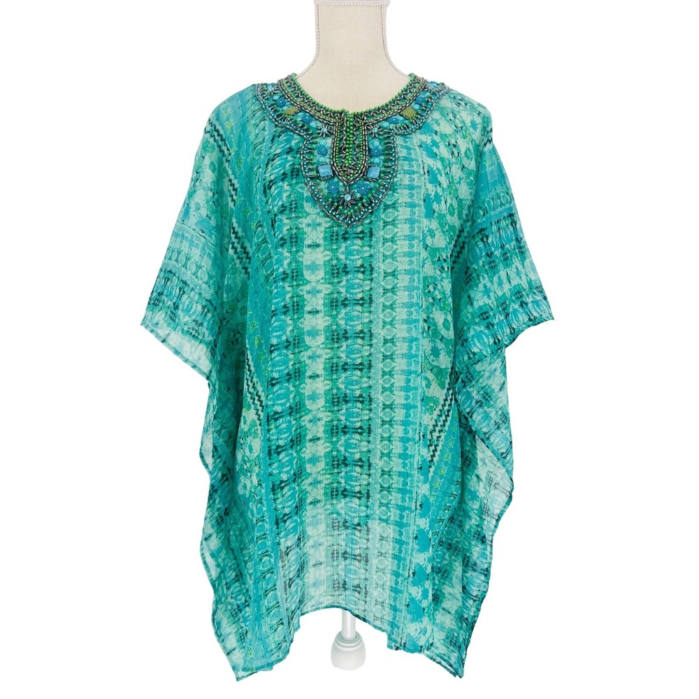 Chico's Caftan Top Women L/XL Teal Green Sheer Beaded Swim Coverup Resortwear
